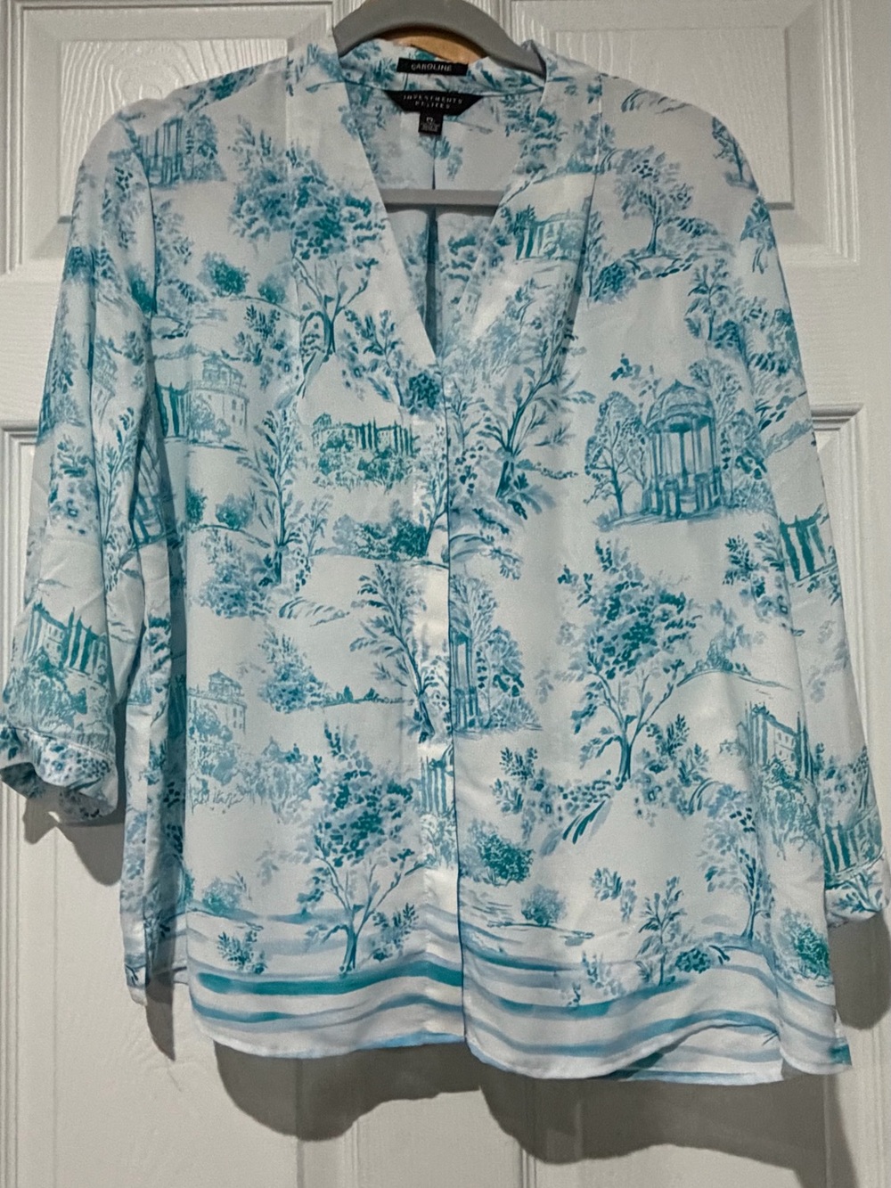 Investments White Blouse with Teal Toile Print